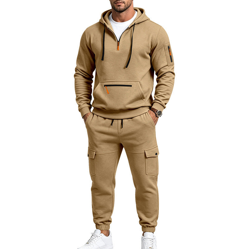 Men's Two-Piece Fleece Loungewear Set with Half-Zip Hoodie and Cargo Joggers