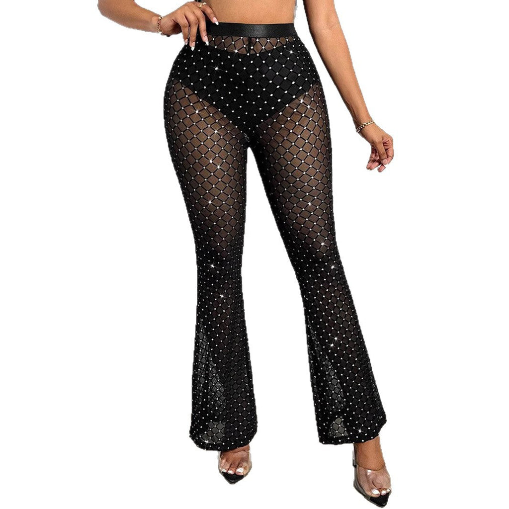 Women's Glamorous Textured Mesh Pants with Rhinestones