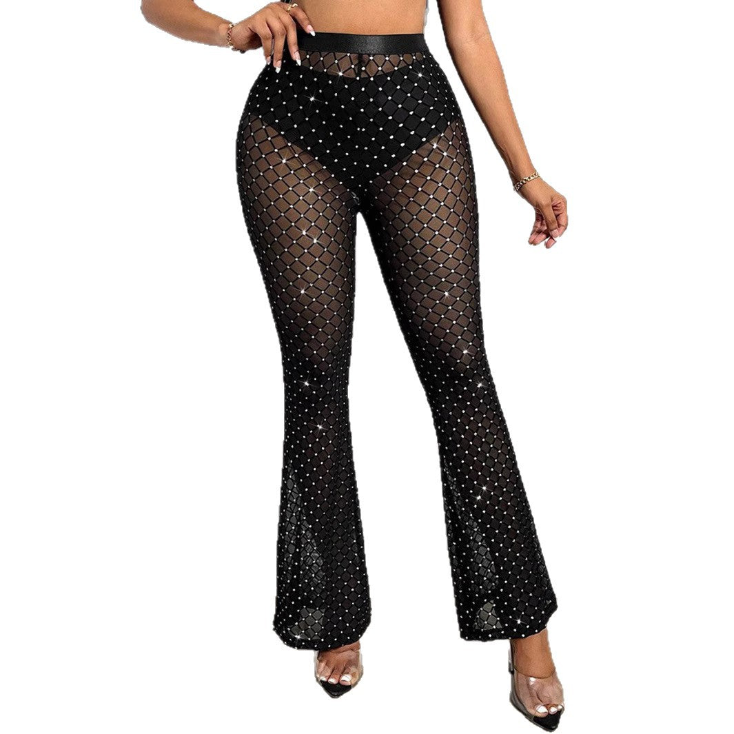 Women's Glamorous Textured Mesh Pants with Rhinestones