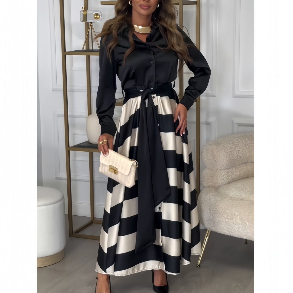 Women's Elegant Blouse and Skirt Ensemble with Side Tie Belt