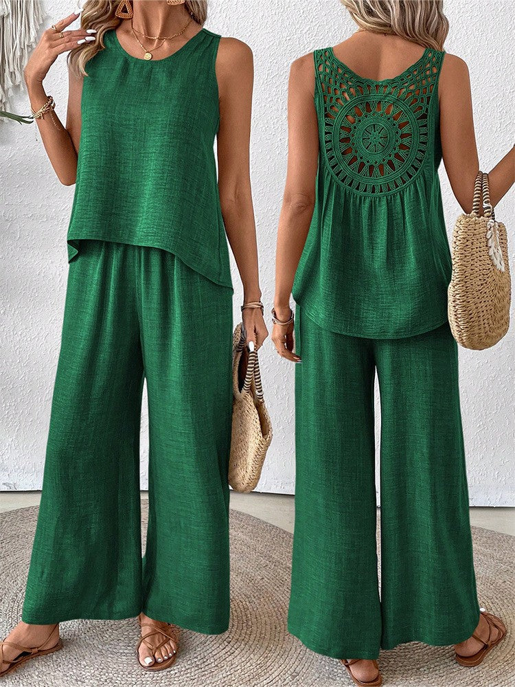 Women's Fashionable Two-Piece Set with Wide-Leg Pants and Sleeveless Top