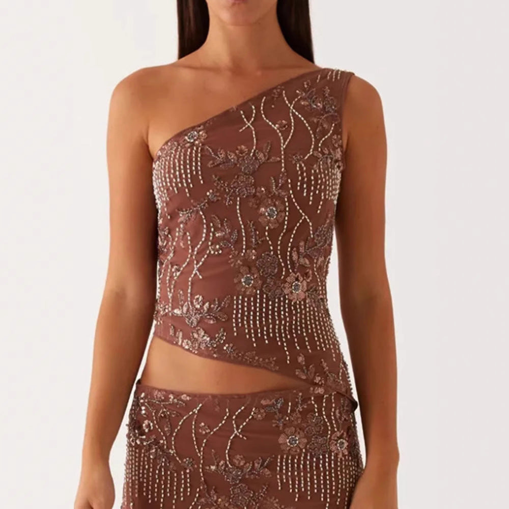 Women's Asymmetrical Top with Floral Rhinestone Design