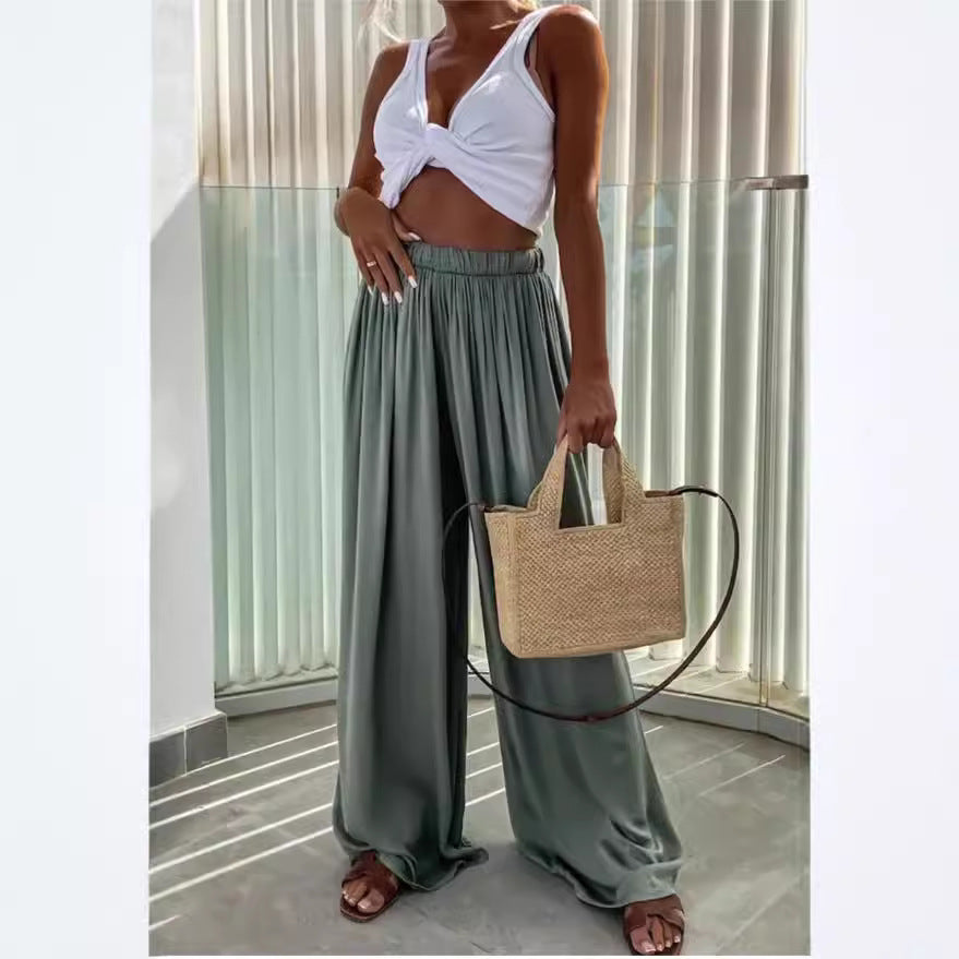 Women's Elegant Wide-Leg Summer Trousers with Elastic Waist