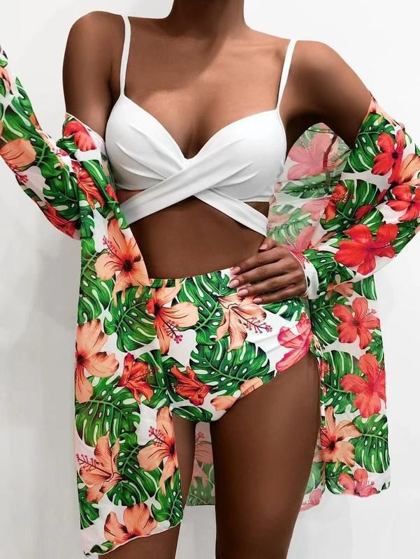 Women's Swimwear Set with Sheer Cover-Up and Floral Print