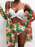 Women's Swimwear Set with Sheer Cover-Up and Floral Print