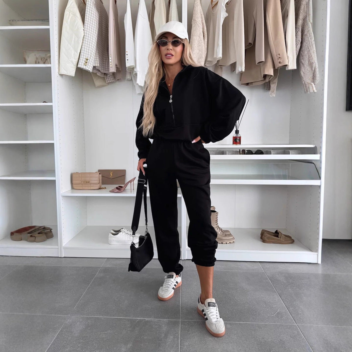 Women's Cozy Leisure Suit with High Neck and Patch Pockets