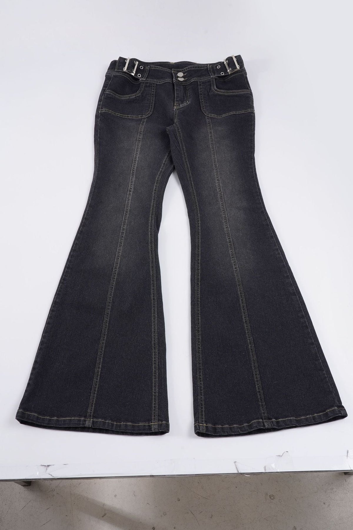 Women's Flared Jeans with Decorative Stitching and Adjustable Waist