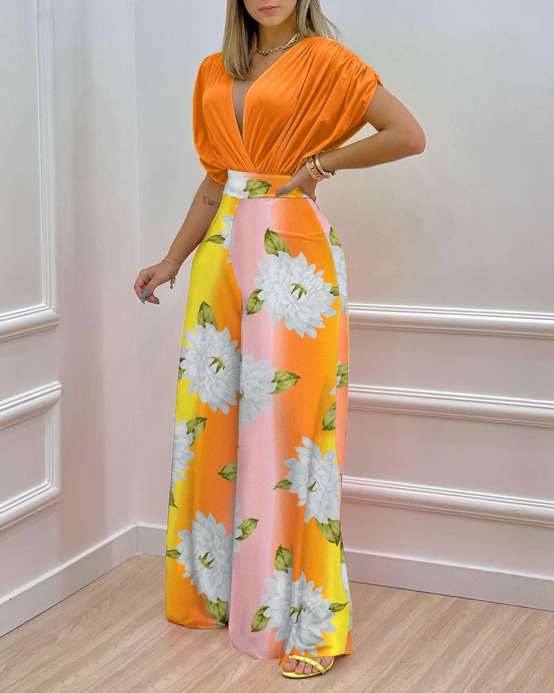 Women's Blouse Set with Wide-Leg Pants and Floral Print