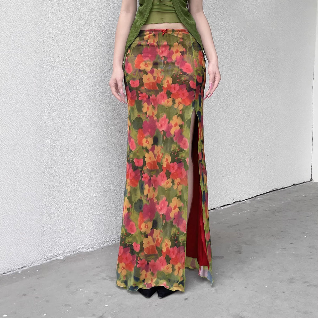 Women's Maxi Skirt with Floral Chiffon Design and Side Slit