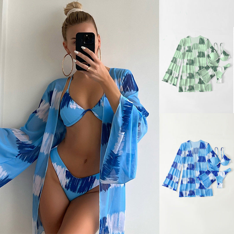 Women's Swimwear Set with Sheer Cover-Up and Floral Print