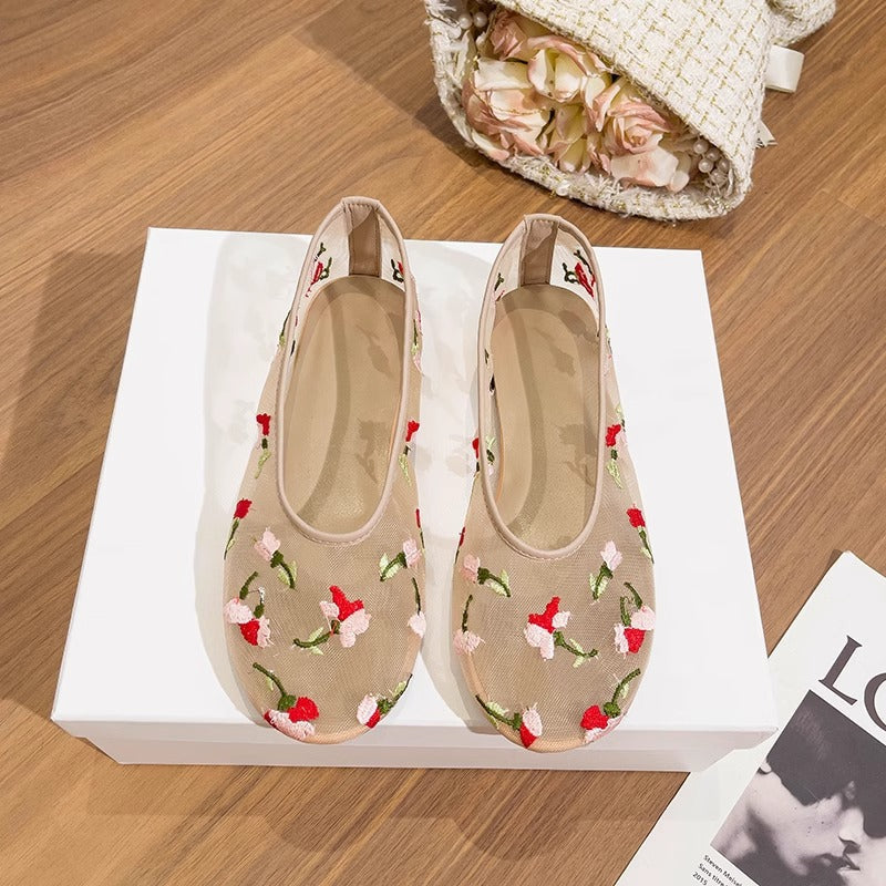 Women's Ballet Flats with Floral Appliqué and Comfortable Insole