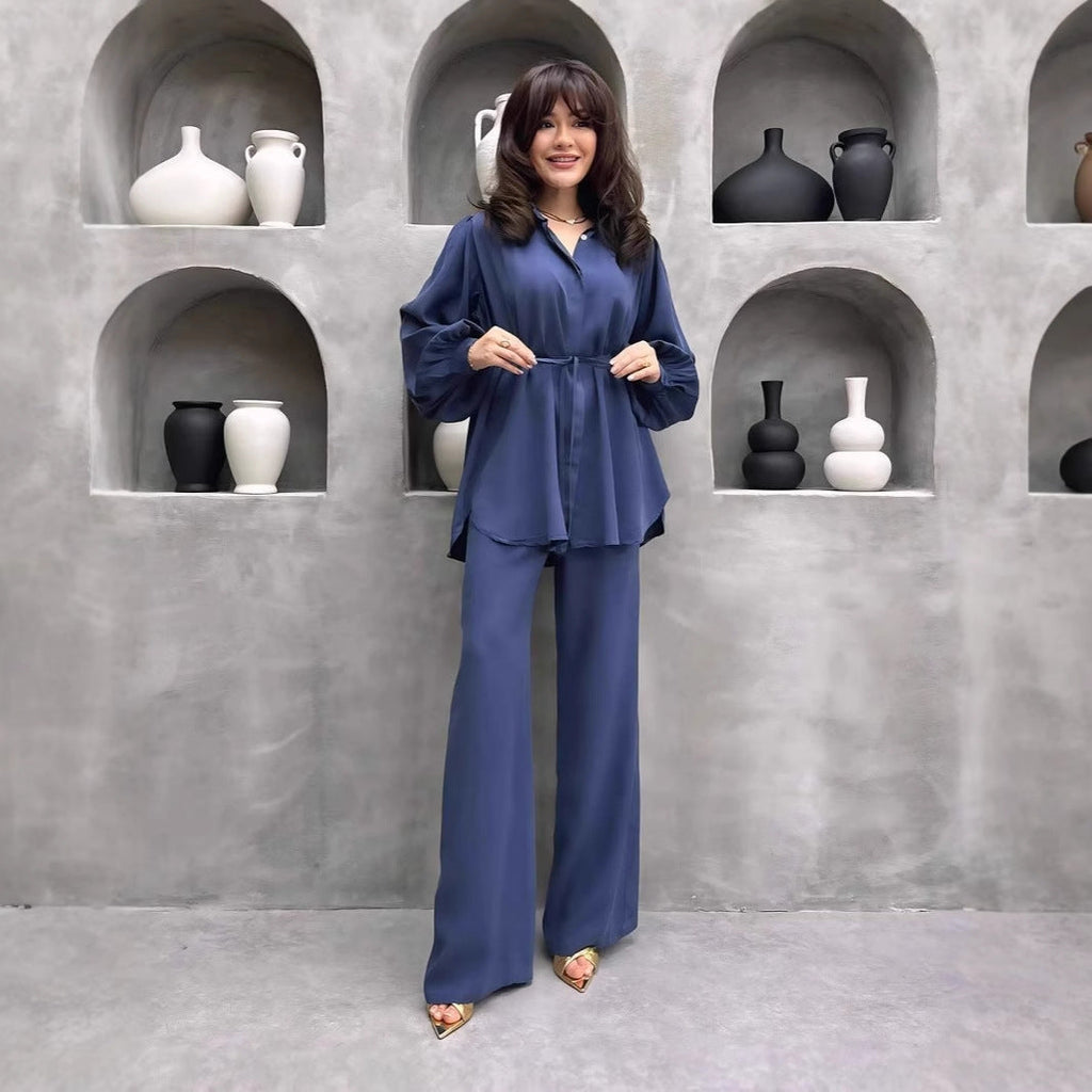 Women's Elegant Set with Long Blouse and Wide Pants