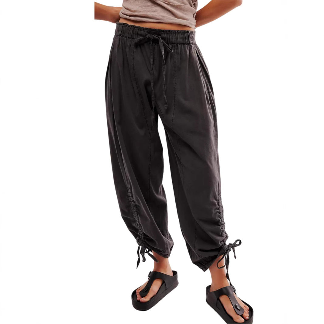 Women's Comfortable Casual Pants with Waistband and Decorative Lacing