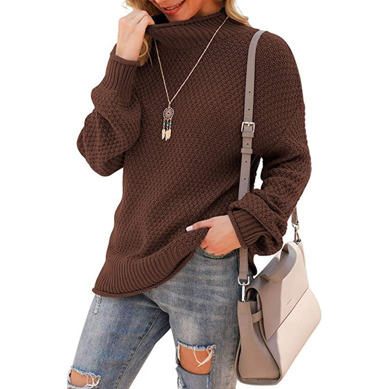 Women's Chunky Knit Sweater with High Collar and Textured Surface