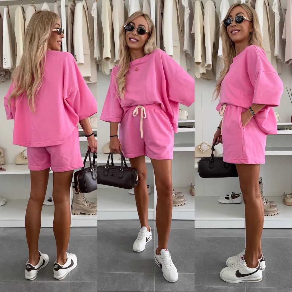 Women's Casual Oversized T-Shirt and Shorts Set with Adjustable Waist