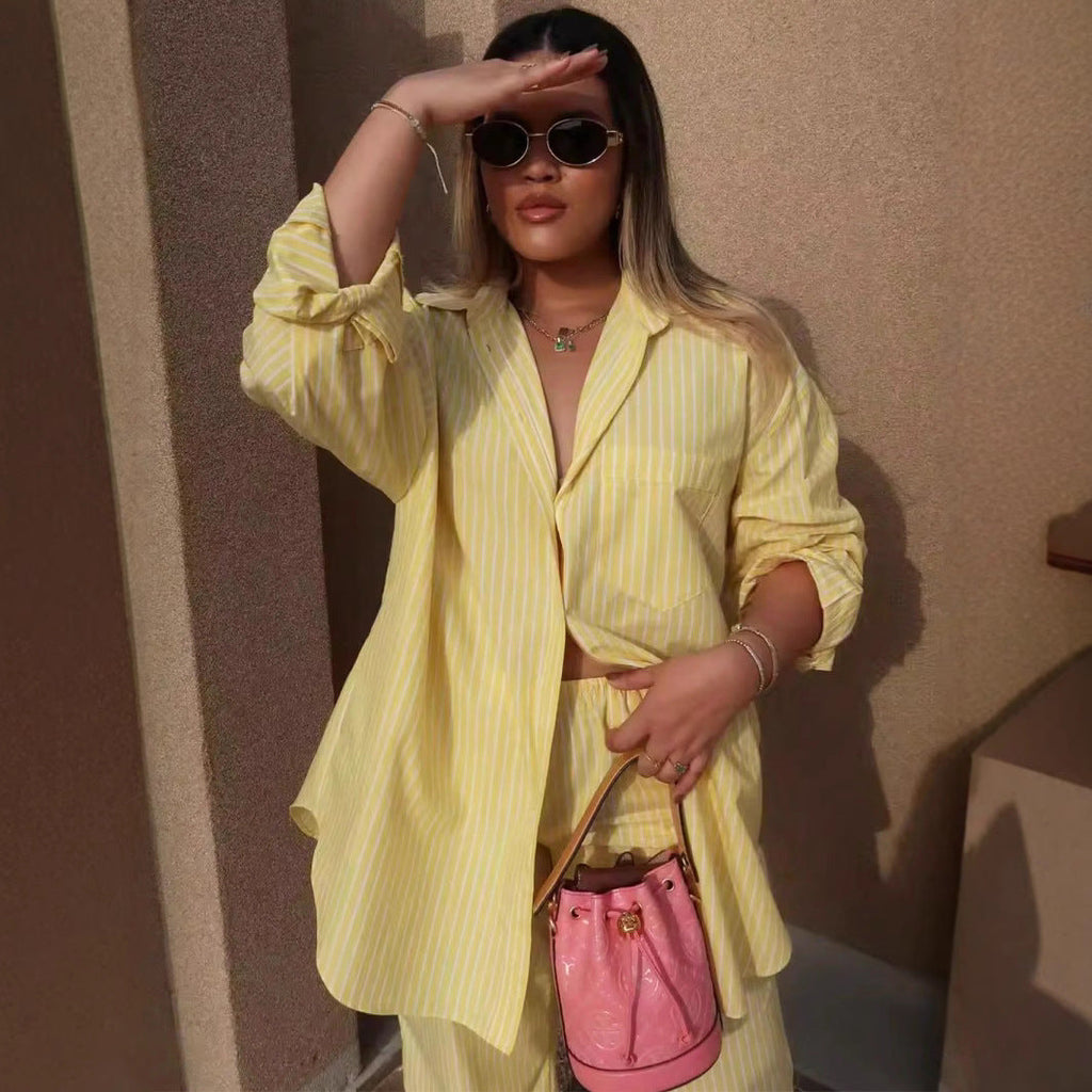 Casual Women's Striped Shirt Blouse with Pocket