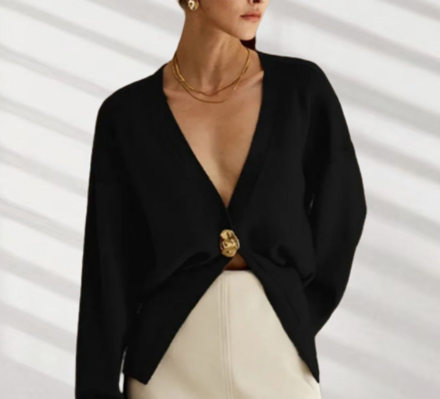 Elegant V-Neck Cardigan with Decorative Button