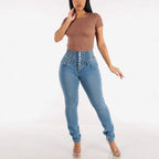 High-Waist Skinny Jeans with Elastic Waist and Decorative Buttons