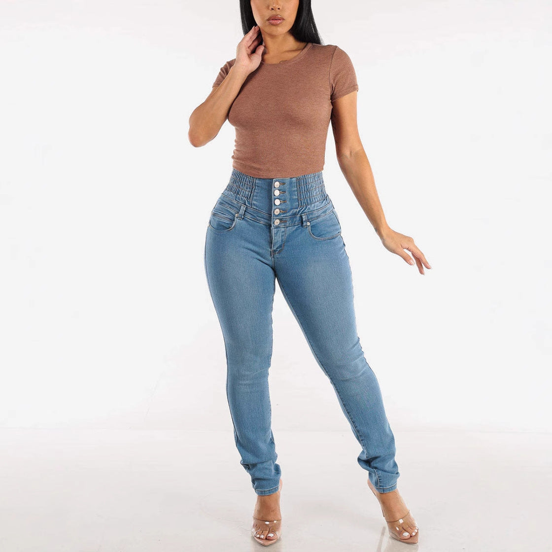 High-Waist Skinny Jeans with Elastic Waist and Decorative Buttons