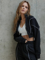 Women's short zip hoodie and high-cut sweatpants with contrast piping