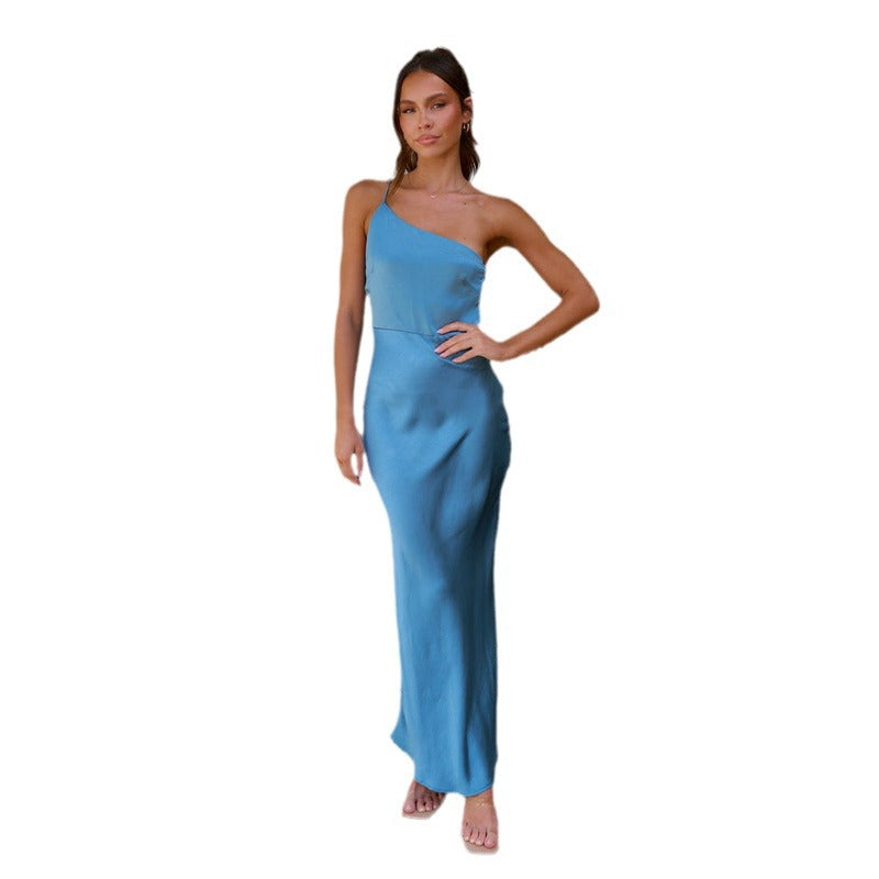 Women's One-Shoulder Satin Maxi Dress with Elegant Drape