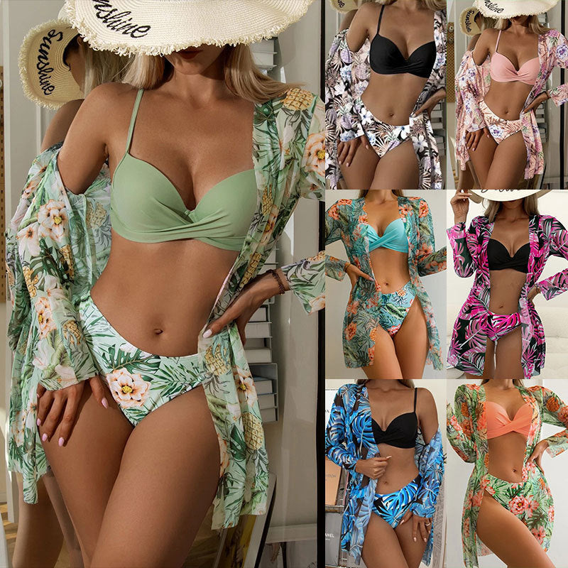Women's Swimwear Set with Floral Kimono and Bikini