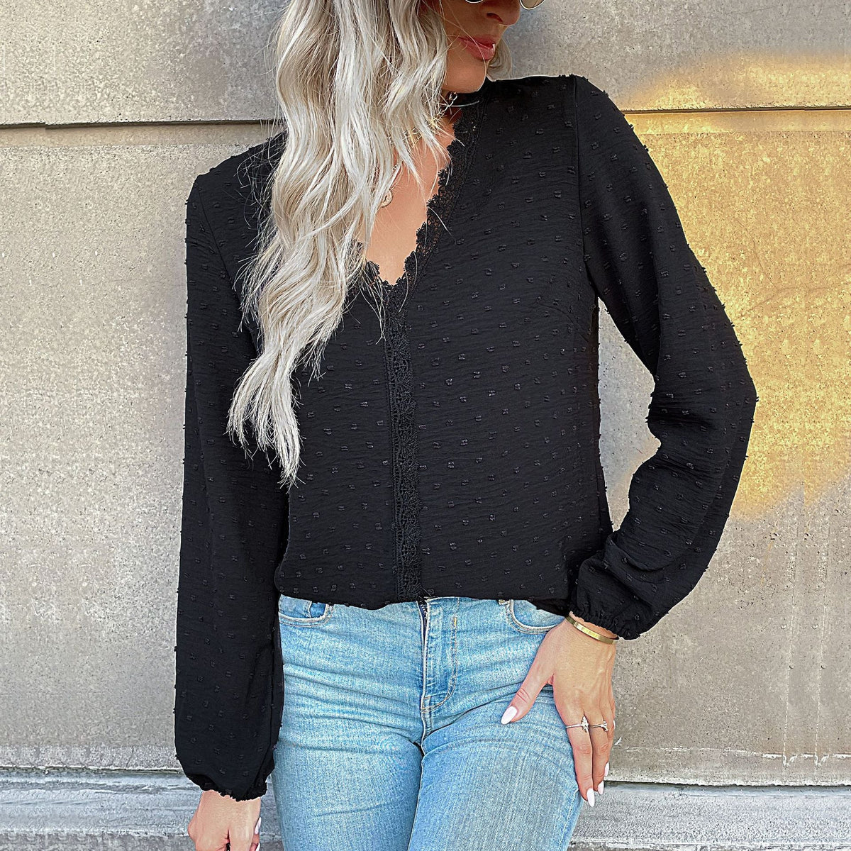 Women's Blouse with Fine Texture Details and Romantic Lace Insert