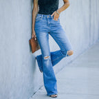 Women's Flared Jeans with Distressed Details and High Waist