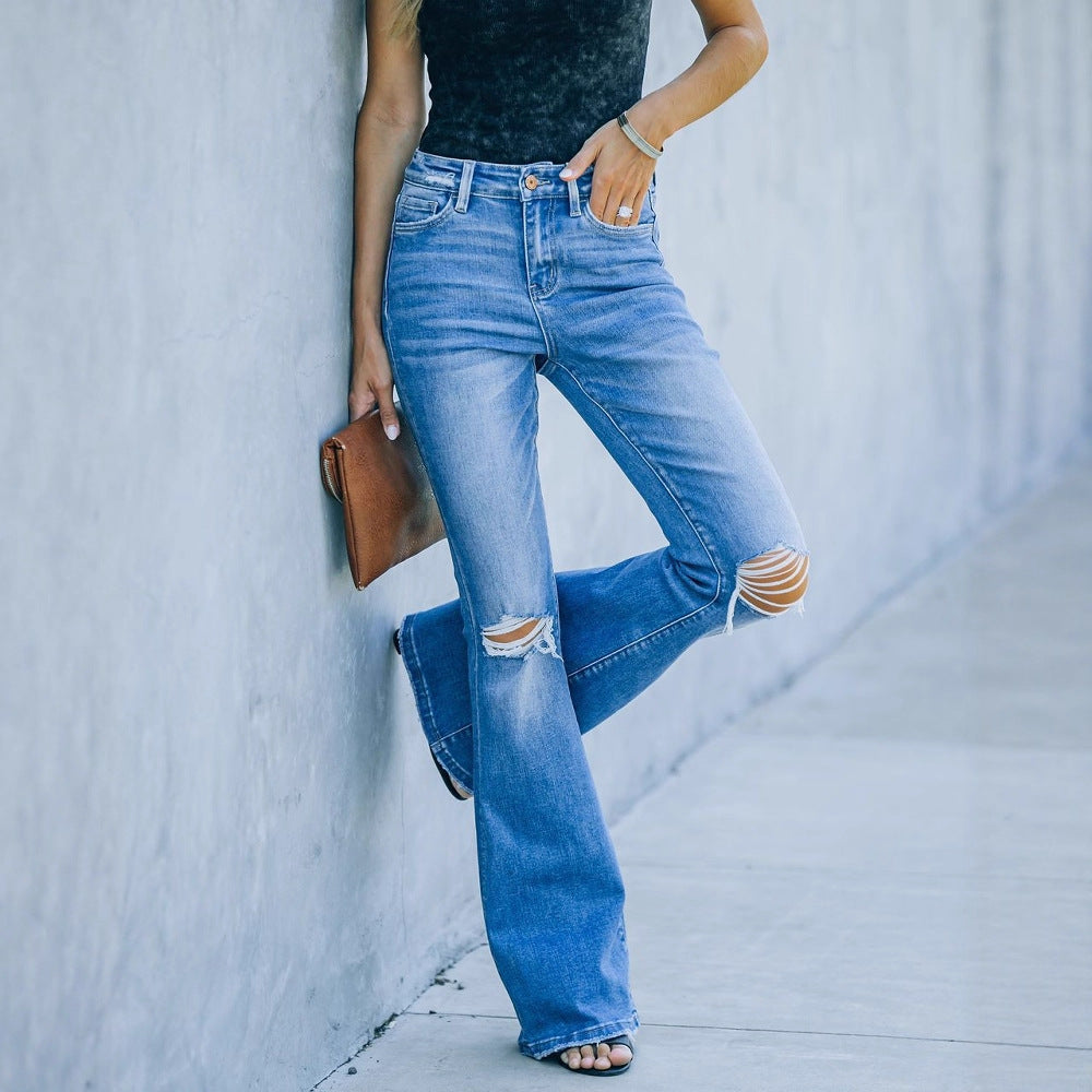 Women's Flared Jeans with Distressed Details and High Waist