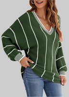 Women's Chunky Knit Sweater with V-Neck and Striped Pattern