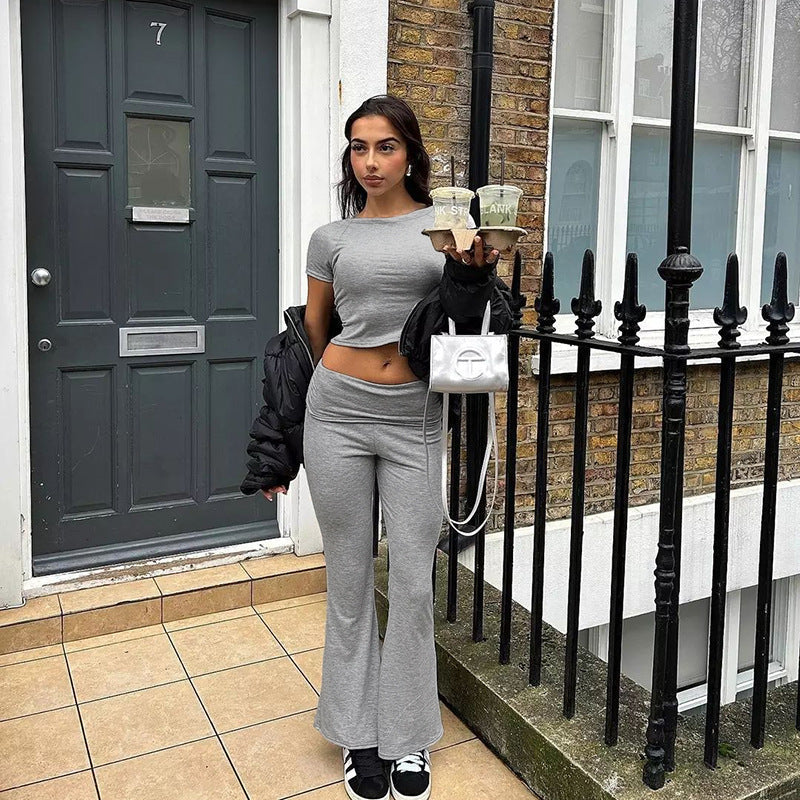 Women's Casual Co-ord Set with High-Waisted Trousers and Crop Top