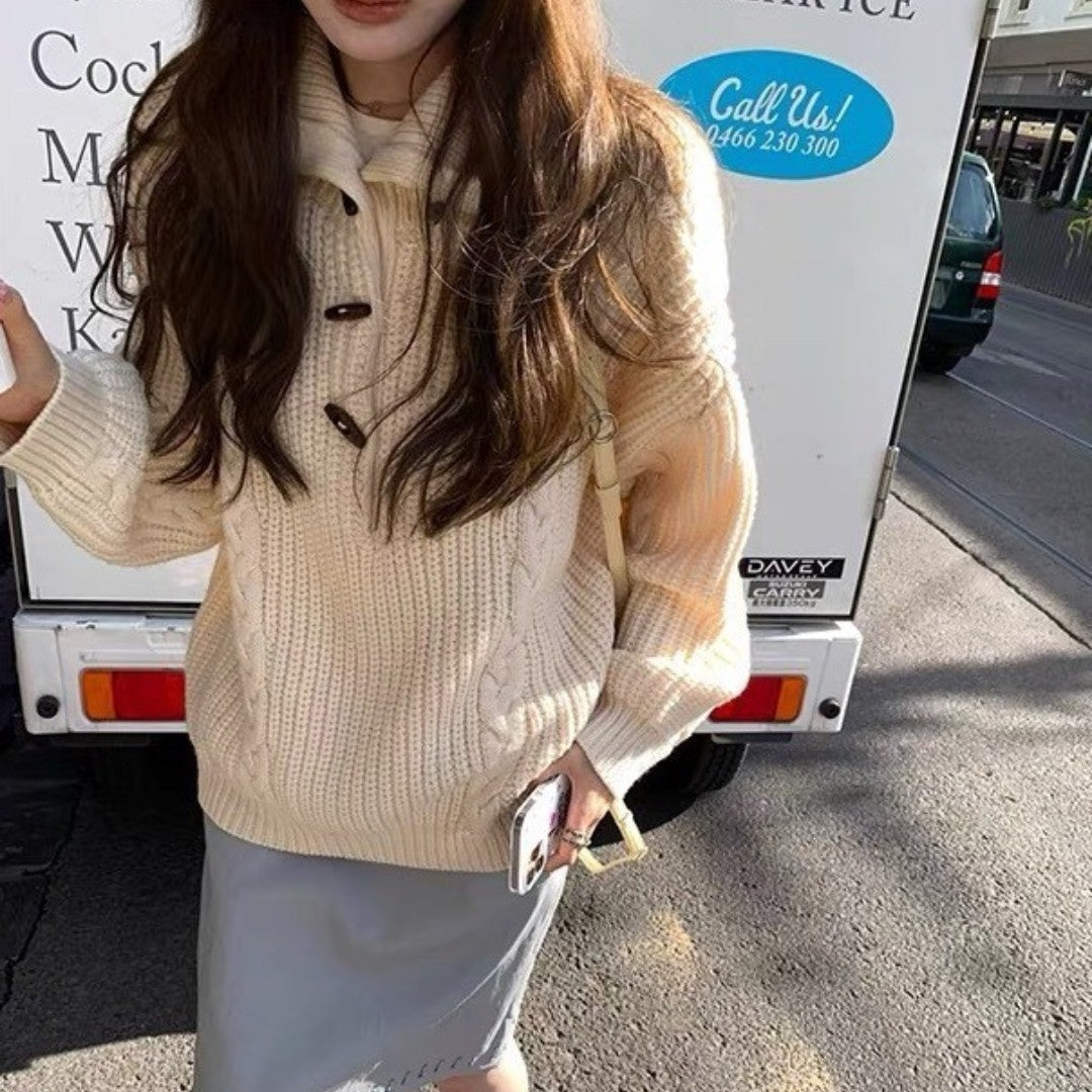 Women's Chunky Cable Knit Sweater with Button Details