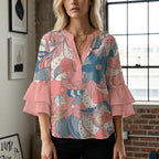 Women's Floral Top with Voluminous Ruffled Sleeves