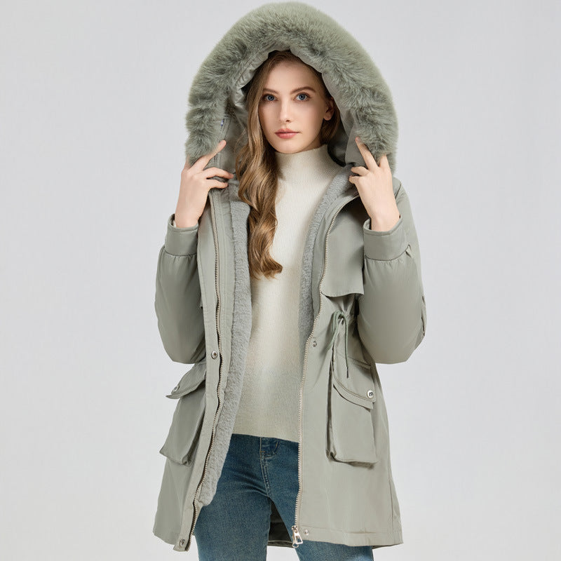 Women's Fashionable Puffer Jacket with Detachable Faux Fur Collar and Functional Pockets