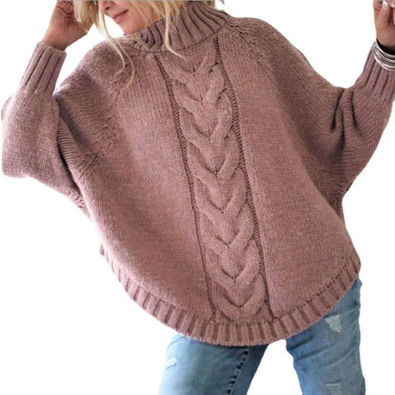 Women's Chunky Knit Sweater with High Collar and Cable Pattern