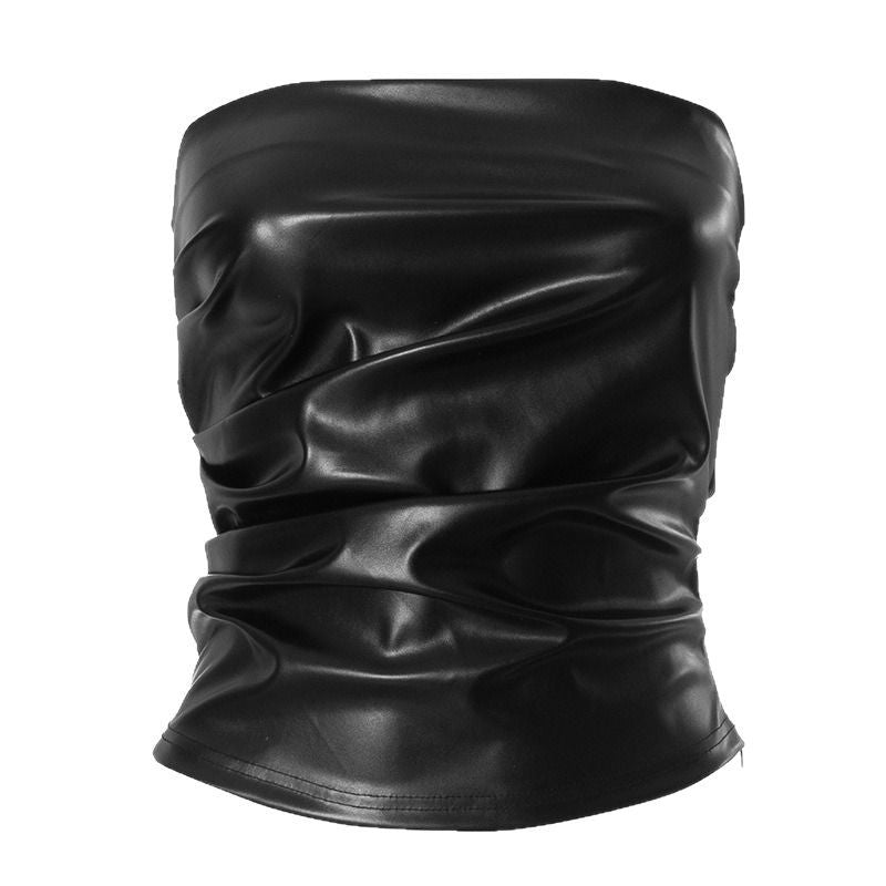 Women's Faux Leather Bandeau Top with Ruffle Details