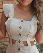 Women's Fitted Playsuit with Ruffle Details and Button Placket