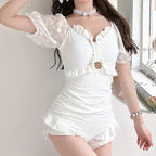 Women's Swimsuit with Sheer Puff Sleeves and Playful Ruffles