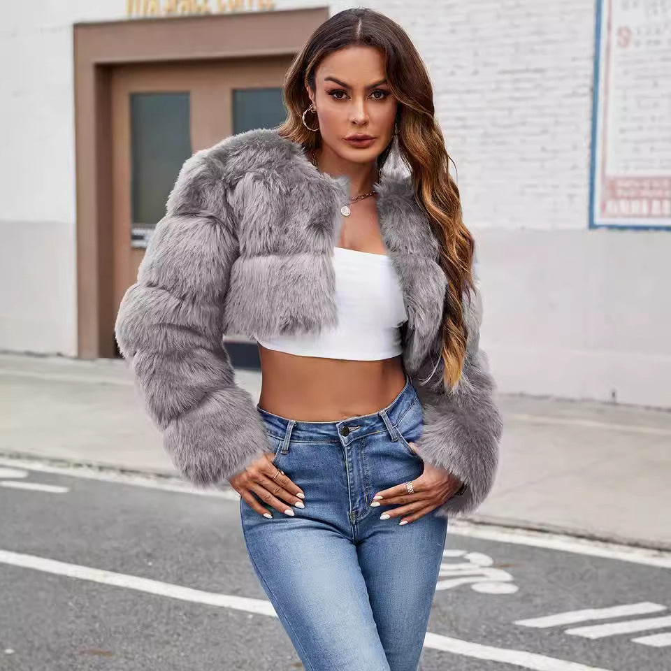 Women's Fluffy Faux Fur Short Coat with Puff Sleeves