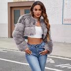 Women's Fluffy Faux Fur Short Coat with Puff Sleeves
