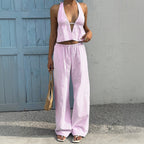 Women's Casual Beach Outfit with Crop Top and Wide Pants
