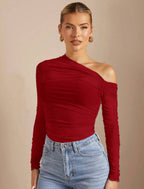 Women's Asymmetrical Long-Sleeve Bodysuit with Ruching