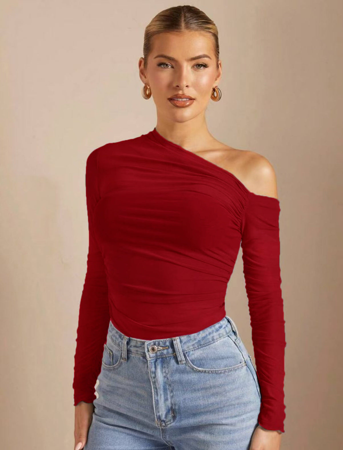 Women's Asymmetrical Long-Sleeve Bodysuit with Ruching
