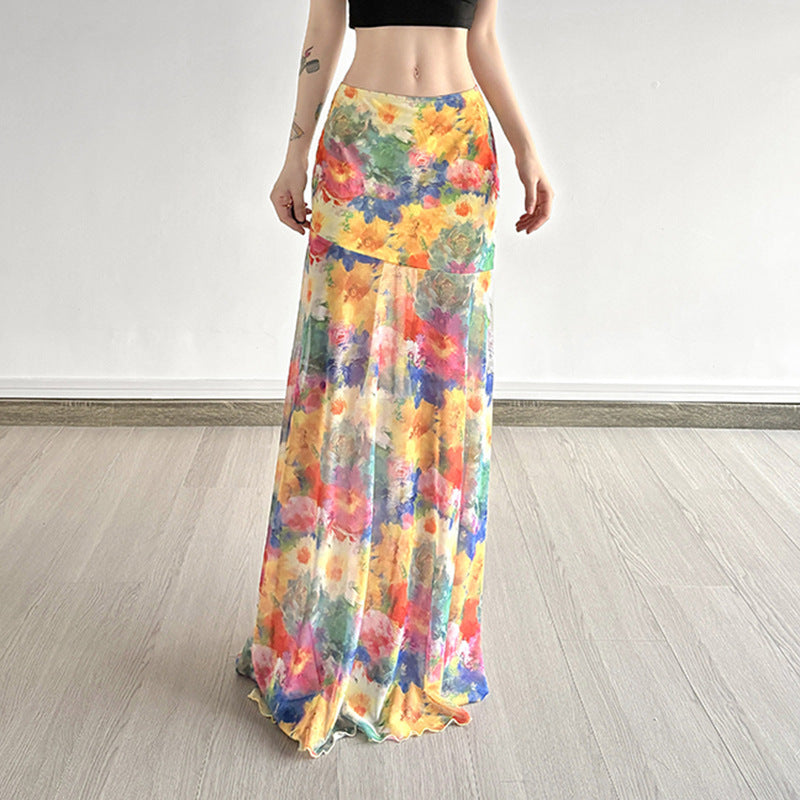 Women's Maxi Skirt with Floral Chiffon Design and Flowing Hem