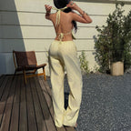 Women's Casual Beach Outfit with Crop Top and Wide Pants