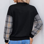 Women's Comfortable Plaid Sweater with Decorative V-Neck and Elastic Cuffs