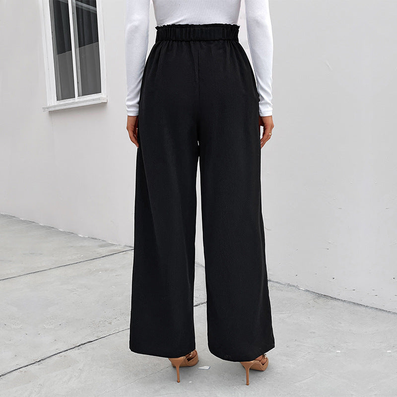 Women's Elegant High-Waisted Wide-Leg Trousers with Textured Fabric and Decorative Buttons