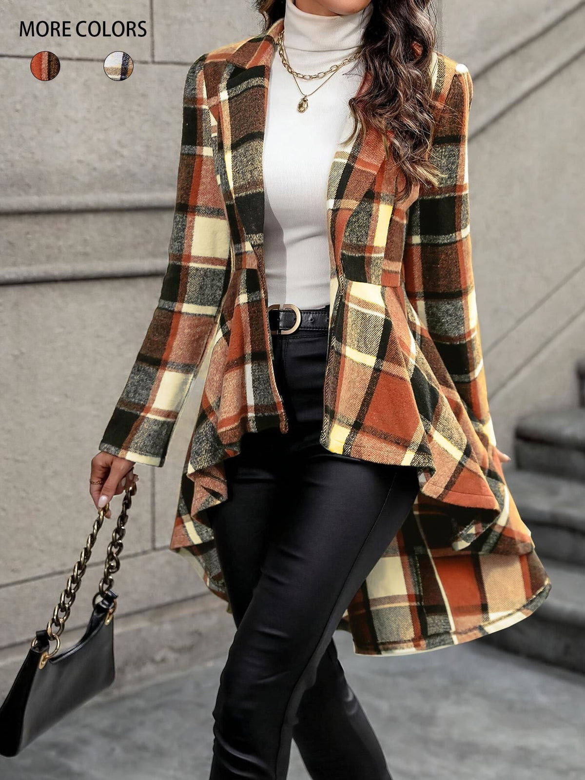 Elegant and Flowing Plaid Jacket with Asymmetric Hem