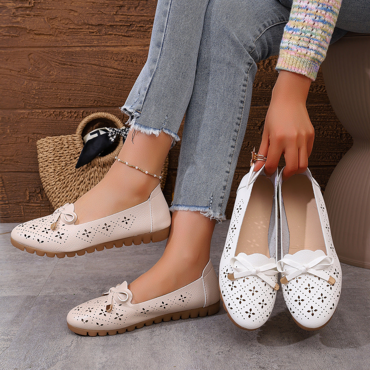 Women's Ballet Flats with Perforated Pattern and Bow Detail
