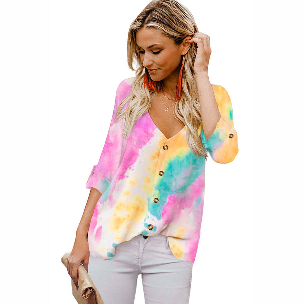 Casual Women's Blouse with Colorful Gradient and Roll-Up Sleeves